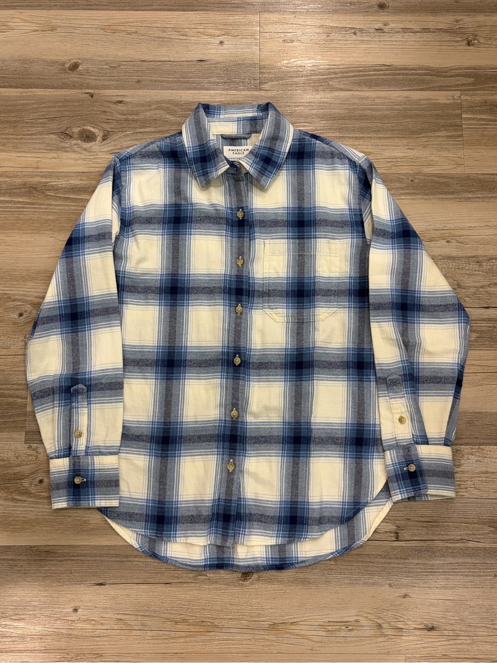 American Eagle Blue and White Plaid Women’s Button-Up Shirt